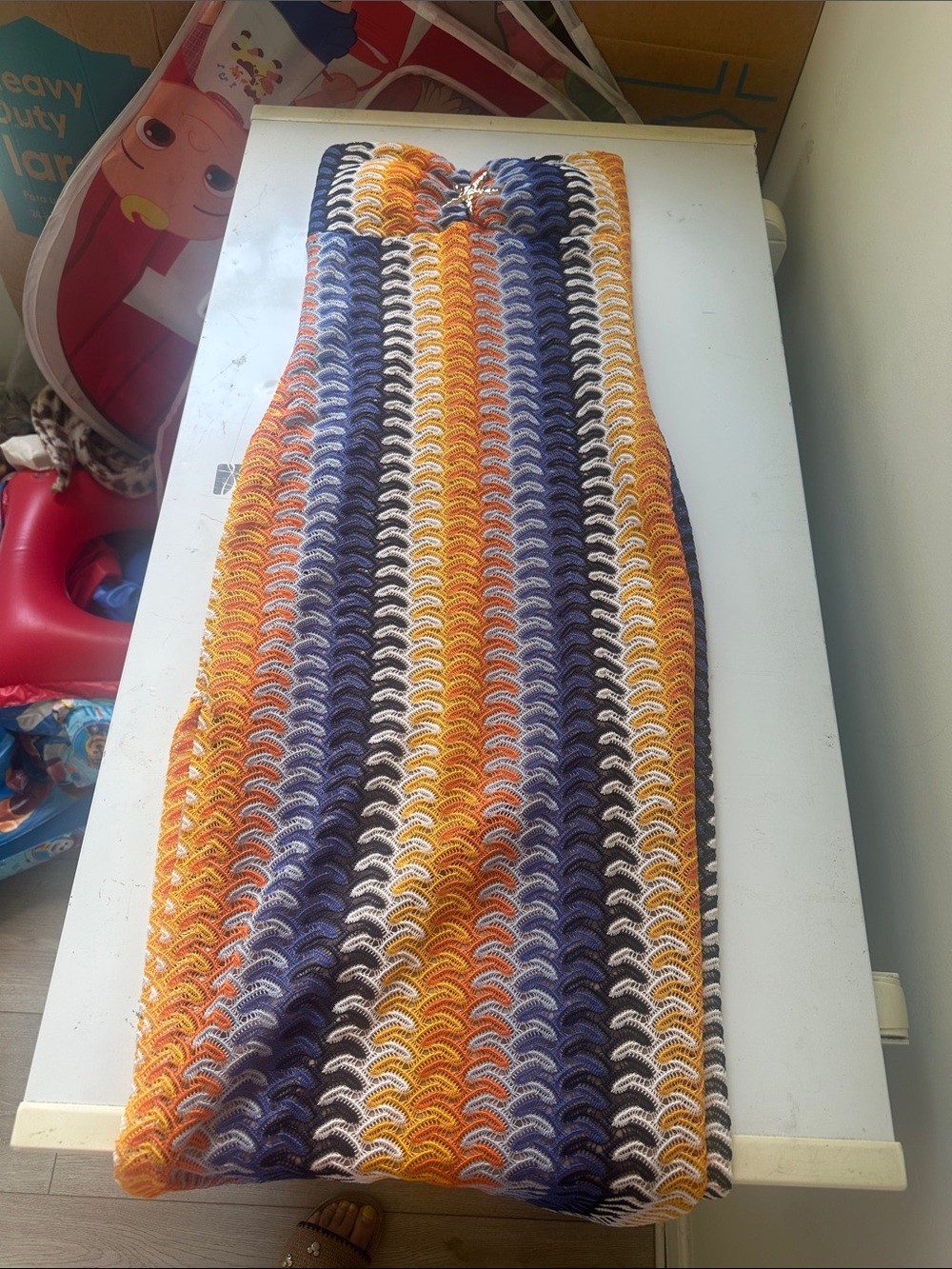 Women or girl. Crochet Halter Dress in Orange, Navy & White